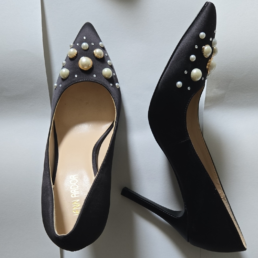 Jenn Ardor Black Stiletto Heels with Pearl Embellishments